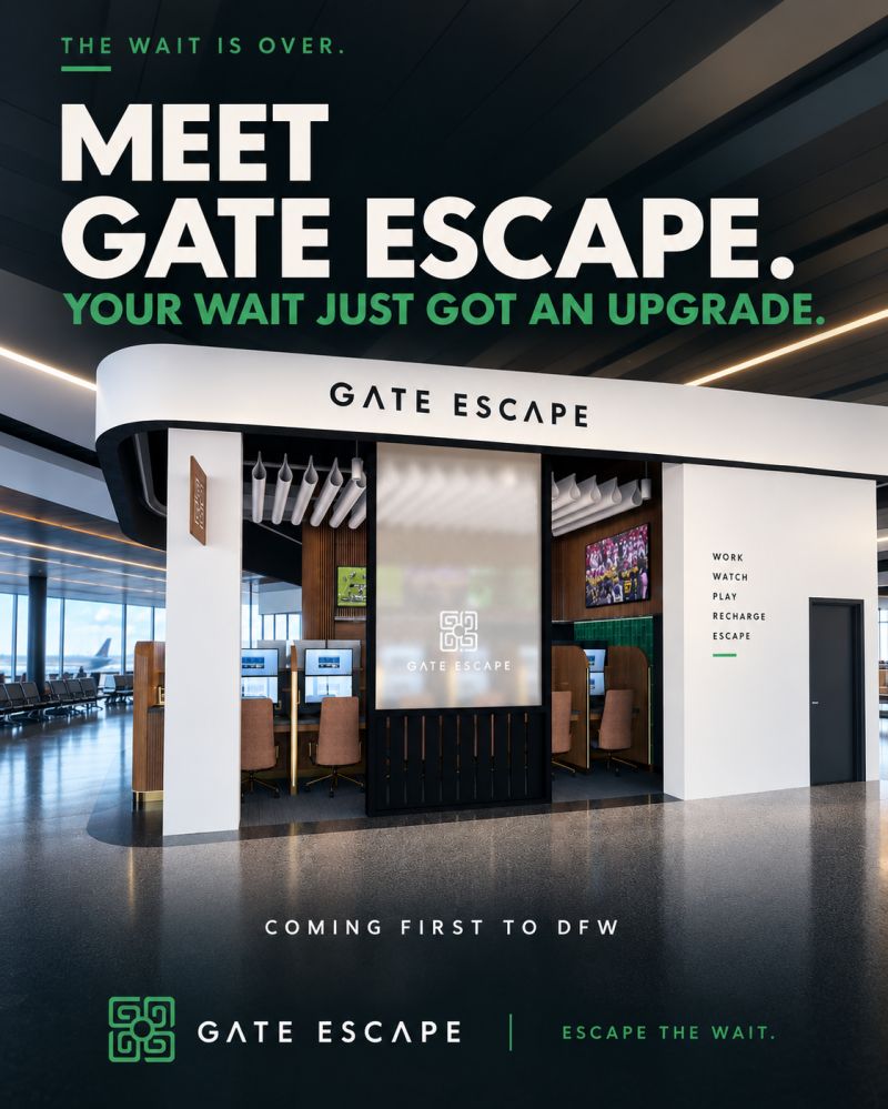 Gate Escape's promotional concept for a private airport workspace at DFW